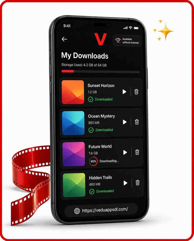 Vedu app old version my downloads screen showing offline video downloads with storage usage.