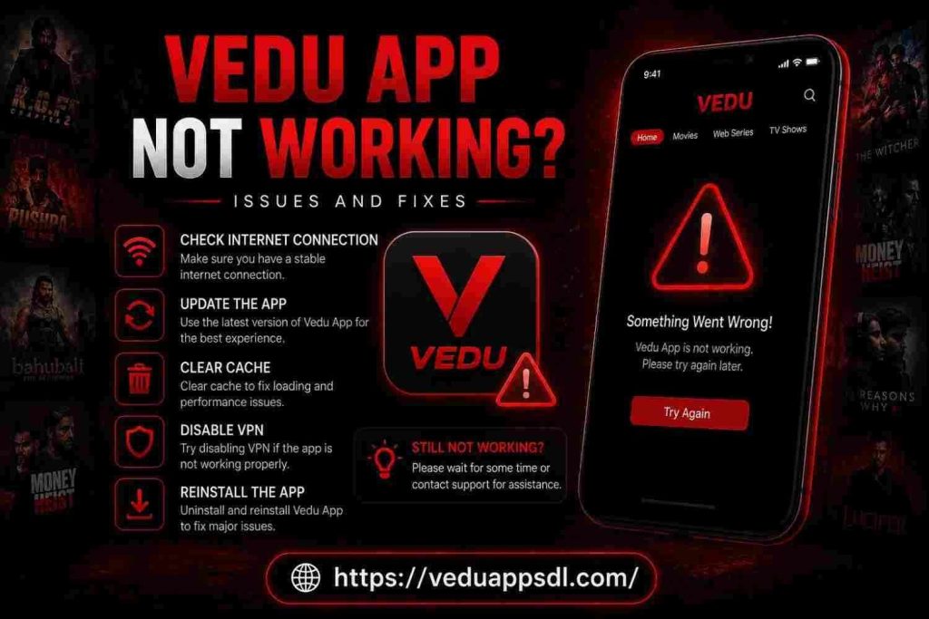 Vedu App not working issues with troubleshooting tips including internet check, cache clearing, app update, VPN disable, and reinstall guide.