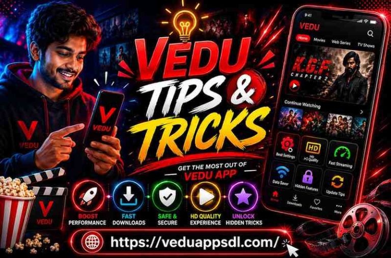 Vedu tips and tricks guide showing hidden features, HD streaming, fast downloads, performance optimization, and useful Vedu App settings.