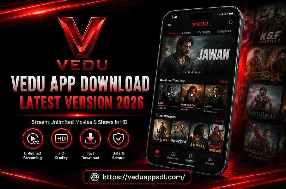 Vedu app download latest version 2026 showing mobile interface with HD movie streaming.