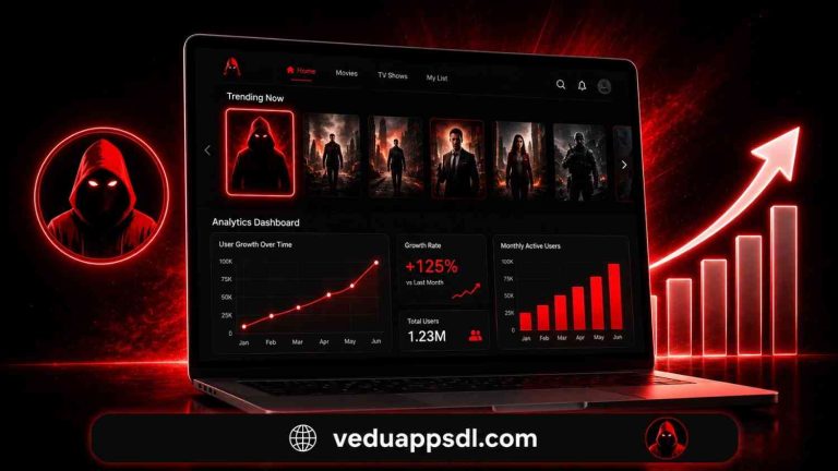 Vedu app statistics and trends dashboard showing user growth chart and monthly active users 2026.